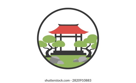 Asian pagoda structure centered inside a circular frame with stylized green trees and decorative rocks.