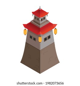 Asian pagoda tower building with lanterns and red roof isometric 3d icon vector illustration