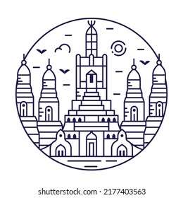 Asian palace circle icon or emblem in line art style inspired by Wat Arun Temple of Dawn famous landmark of Bangkok in Thailand.
