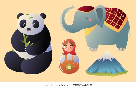 asian panda elephant and doll icon set