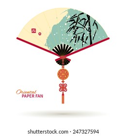 Asian paper fan with traditional ink painting. Bamboo in snow on turquoise brush stroke background. Stamps with hieroglyphs for 'Blessing', 'Delight'. Tassel with pendant and knot elements. Vector