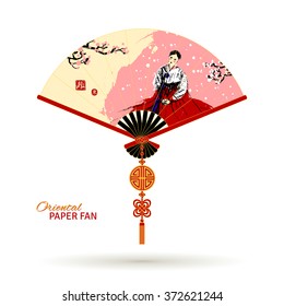 Asian paper fan with traditional ink painting. Young woman in Korean national dress on brush stroke background. Cherry blossom. Stamps for 'Blessing', 'Delight'. Tassel with pendant and knots. Vector.