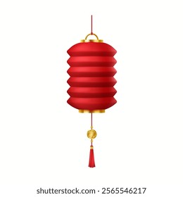 Asian paper lantern with golden coin and tassel realistic vector illustration. Magic holiday atmosphere with decorative lamp 3d object on white