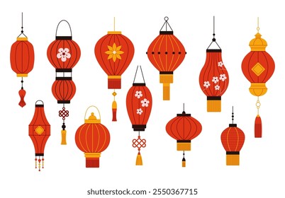 Asian paper lanterns flat color vector objects set. Festive Chinese holiday decor with ornaments illustrations bundle on white background