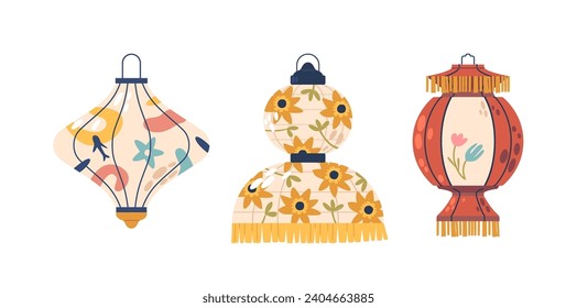 Asian Paper Lanterns Set. Delicate, Colorful Lamps, Crafted From Rice Paper And Bamboo. Illuminated From Within