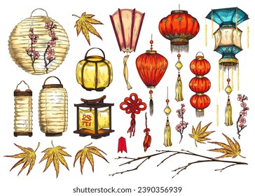 Asian paper lanterns, vector illustrations, isolated on white background. Set of traditional elements for Chinese New Year. Collection of and drawn oriental items in colored sketch style.