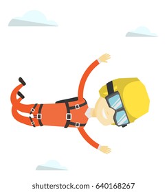 Asian parachutist jumping with parachute. Professional smiling parachutist falling through the air. Happy young man flying with parachute. Vector flat design illustration isolated on white background.