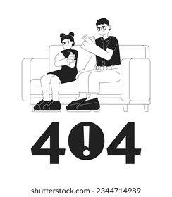 Asian parent scolding child black white error 404 flash message. Father disciplining kid. Monochrome empty state ui design. Page not found popup cartoon image. Vector flat outline illustration concept