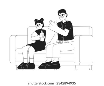 Asian parent scolding child monochrome vector spot illustration. Korean father disciplining frustrated daughter 2D flat bw cartoon characters for web UI design. Isolated editable hand drawn hero image