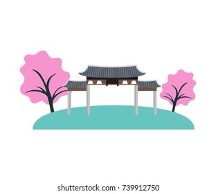 Asian park with cherry blossoms, icon on the white background. Vector illustration.