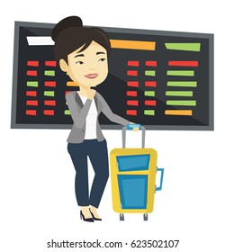 Asian passenger waiting for a flight at the airport. Passenger with suitcase standing at the airport on the background of departure board. Vector flat design illustration isolated on white background.