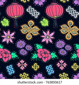 Asian patch badges pattern. Japanese doodles background. Fashion embroidery elements. Asia culture fabric. Chinese. China. Japan. Singapore. Korea. Vietnam. Fabric design. Vector sketch.