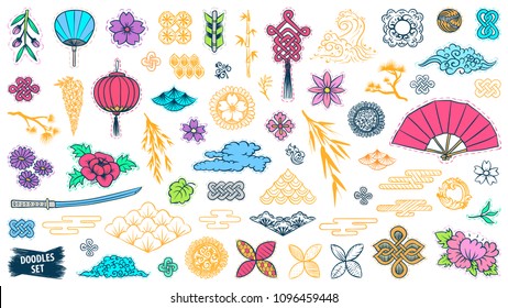 Asian patch badges set. Japanese doodles. Asia doodle. Fashion embroidery elements. Asia culture symbols bundle. Chinese sketch. China. Japan. Singapore. Korea. Vietnam. Fabric design. Vector sketch.