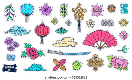 Asian patch badges set. Japanese doodles. Fashion embroidery elements. Asia culture symbols bundle. Chinese sketches. China. Japan. Singapore. Korea. Vietnam. Fabric design. Vector sketch.