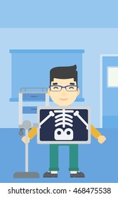An asian patient during chest x ray procedure in examination room. Young man with x ray screen showing his skeleton at doctor office. Vector flat design illustration. Vertical layout.