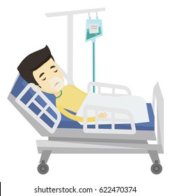 Asian patient in oxygen mask lying in hospital bed. Patient during medical procedure with drop counter. Patient recovering in hospital. Vector flat design illustration isolated on white background.