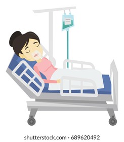 Asian patient in oxygen mask lying in hospital bed. Patient during medical procedure with drop counter. Patient recovering in hospital. Vector flat design illustration isolated on white background.