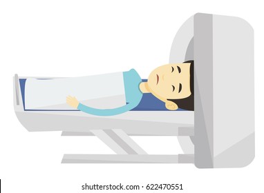 Asian patient undergoes a magnetic resonance imaging scan test. Magnetic resonance imaging machine scanning young frightened patient. Vector flat design illustration isolated on white background.