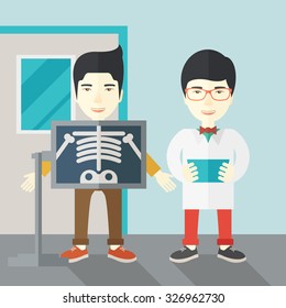An Asian patient with x-ray screen showing his skeleton and doctor holding a radiograph vector flat design illustration. Square layout.