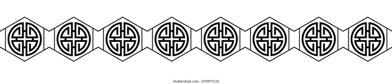 Asian pattern. Chinese and Japanese border. Seamless traditional ornament. Geometric oriental design. Tribal line for prints. China style. Culture motif. Japan decor isolated on background. Vector