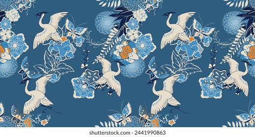 Asian pattern pattern of cranes and flora. Asian stylish pattern with cranes.
