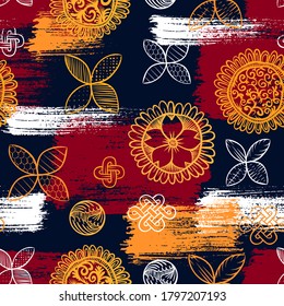 Asian pattern. Kabuki. Japanese doodles. Kabuki theatre elements. Kimono. Asia culture symbols. Oriental ornament. Chinise sketch. Fashion. China. Japan. Singapore. Korea. Vietnam. Fabric design.