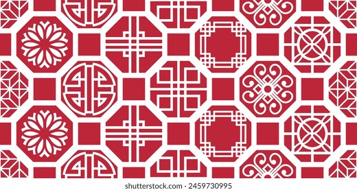 Asian pattern tiles. Red octagons with Chinese flavor and signs. Vector seamless Asian pattern.