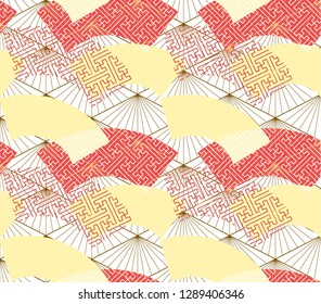 Asian pattern vector. Red and yellow fan pattern background. 