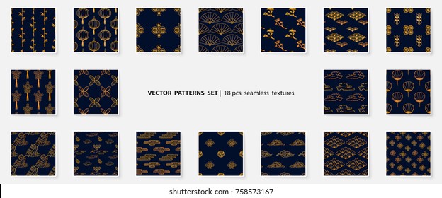 Asian patterns set. Kabuki. Japanese doodle backgrounds collection. Kabuki theatre elements. Kimono ornament. Asia culture symbols. Chinese sketches. Fashion. China. Japan. Vector fabric design.