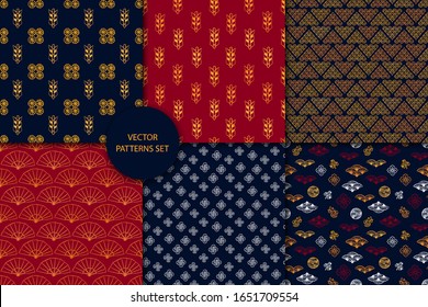 Asian patterns set. Kabuki theatre costumes fabric. Japanese doodles. Kimono fashion. Oriental ornament. China, Japan, Singapore, Korea, Vietnam. Asian fabric design collection.