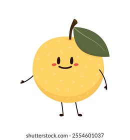 Asian pear character. Asian pear whole fruit and half isolated on white background. Vector illustration of tropical exotic fruits in flat style.