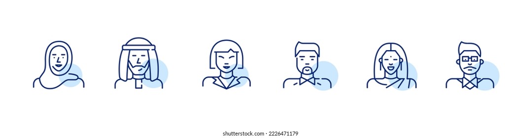 Asian people avatar profile icon. Arabic muslims, Chinese and Indian ethnicity. Pixel perfect, editable stroke line