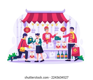 Asian people buy presents and goods from a traditional street market. Counter stall with goods and souvenirs. Chinese new year shopping illustration