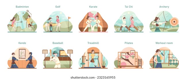 Asian people doing sport set. Modern and traditional sport activities, martial art and fitness. Female and male characters with healthy lifestyle. Sportsmen training. Flat vector illustration