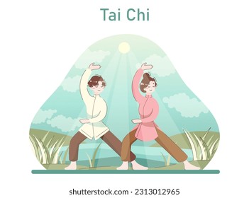 Asian people doing sport. Tai Chi exercising. Chinese practise or martial art. Female and male characters in traditional clothes. Sportsmen training. Flat vector illustration