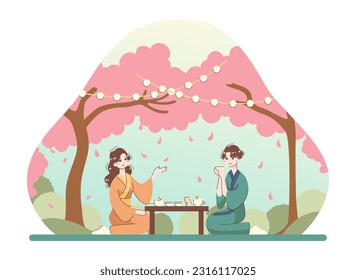 Asian people enjoying their free time. Japanese couple enjoying Hanami. Characters spending time together outside under blooming sakura trees. Family picnic. Flat vector illustration