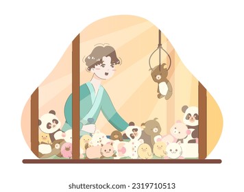 Asian people enjoying their free time. Japanese character playing claw machine. Retro game console or slot machine. Entertainment amusement arcade center. Flat vector illustration