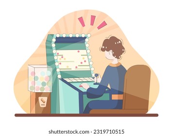 Asian people enjoying their free time. Japanese character playing arcade machine. Retro game console or slot machine. Entertainment amusement arcade center. Flat vector illustration