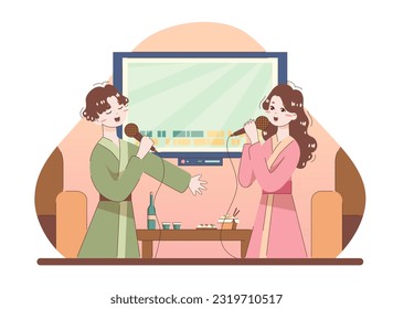 Asian people enjoying their free time. Japanese characters at karaoke party. Couple singing songs, holding microphones. Live music performance in club. Flat vector illustration