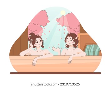 Asian people enjoying their free time. Japanese characters bathing together. Female friends relaxing in traditional onsen, hot spring bath or thermal pool. Flat vector illustration