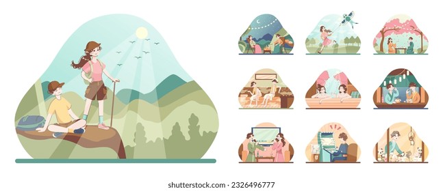 Asian people enjoying their free time set. Japanese characters performing traditional leisure activities and doing hobbies. Sport, festival activities and onsen. Flat vector illustration