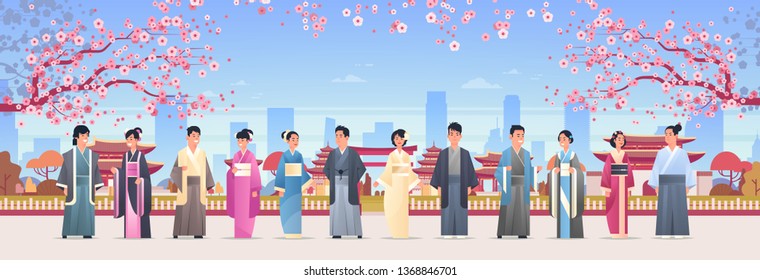 asian people grroup in traditional clothes men women wearing ancient costumes standing together chinese or japanese characters over pagoda buildings landscape background full length horizontal