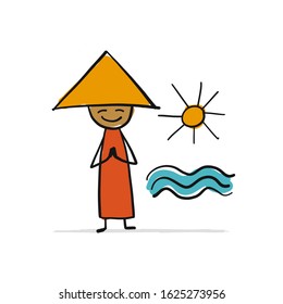 Asian people meditating on the beach, sketch for your design. Vector illustration