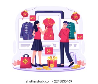 Asian people are shopping online through big a smartphone. A woman and a man are choosing Chinese clothes in an online store. Chinese new year shopping