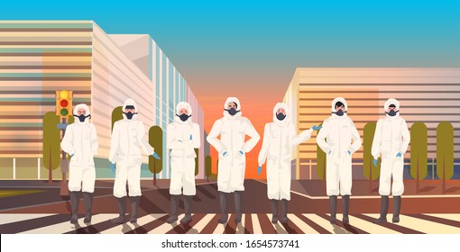 asian people wearing hazmat suits and protective masks to prevent coronavirus epidemic MERS-CoV virus empty city street wuhan 2019-nCoV pandemic health risk cityscape background full length horizontal