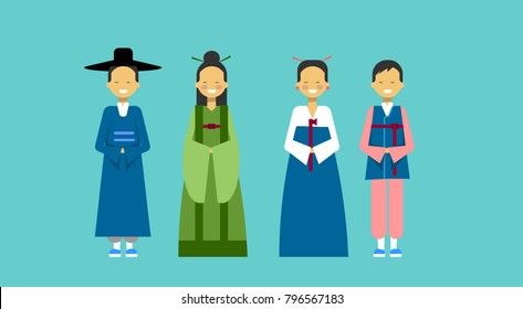 Asian People Wearing Traditional Dress Male And Female In National Korean Clothes Costumes Vector Illustration