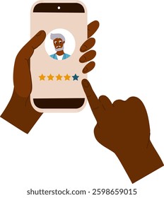 asian person leaves good review to doctor. close up hand man leaving five-star review on mobile app. Online medical consultation. like customer feedback, online ratings, e-commerce concept vector