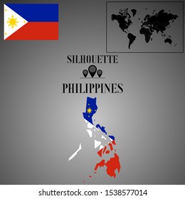 Asian Philippines outline world map silhouette vector illustration, creative design background, national country flag, objects, element, symbols from countries all continents set. 