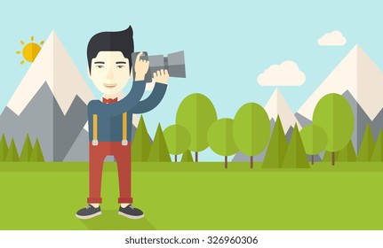 An Asian photographer taking photo in mountains vector flat design illustration. Horizontal layout with a text space.