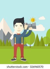 An Asian photographer taking photo in mountains vector flat design illustration. Vertical layout with a text space.